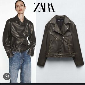 Zara distressed leather biker jacket